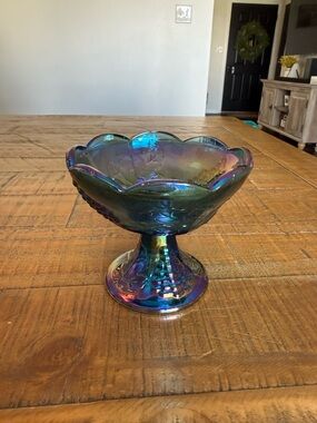 Indiana Glass Blue Harvest Grape Carnival Glass Candle Holder